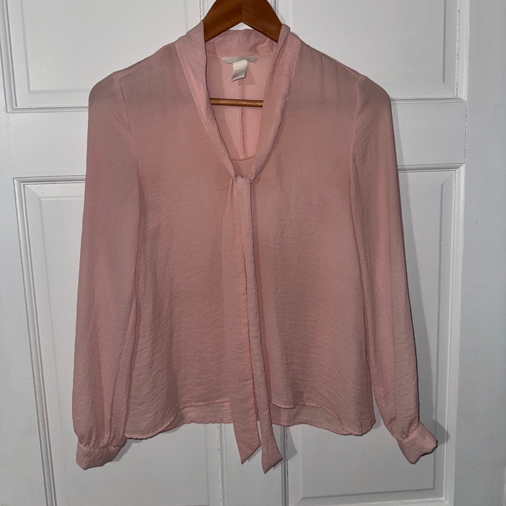 H&M Lightweight Sheer Peach Pink Long-sleeve Blouse with Tie - size 2